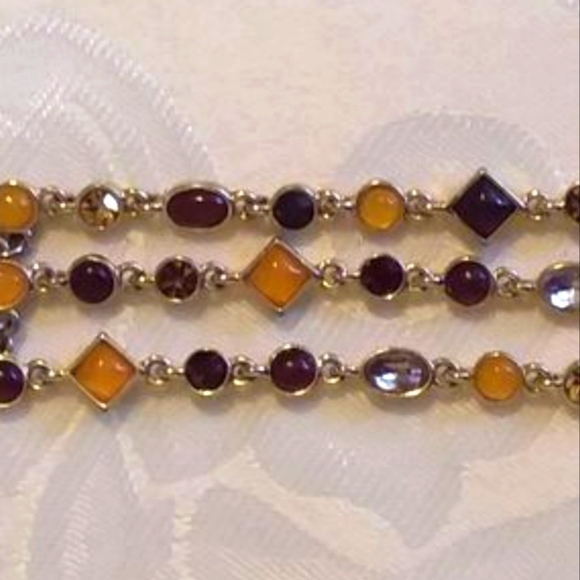 Amber Bracelet Multi Color Triple Strand Gold Tone 7 1/4” Crystal Accents - Picture 2 of 5